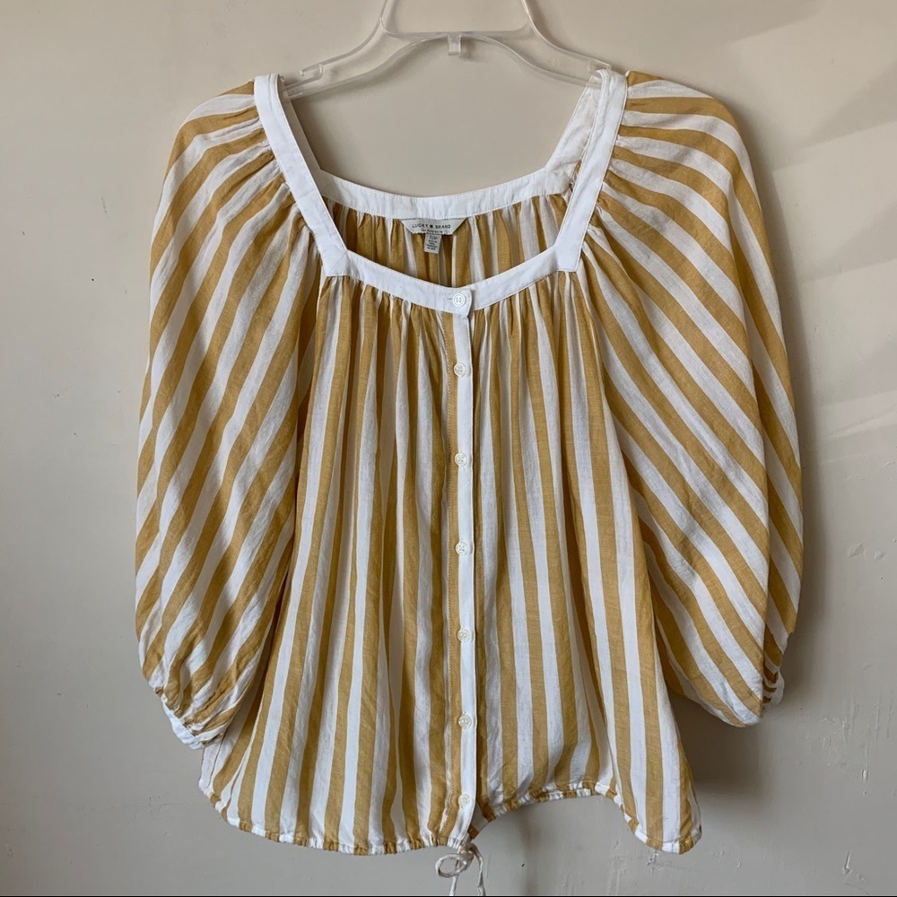 Lucky Brand Yellow Stripe Button Up Ballon Sleeve Top